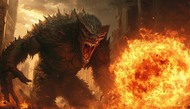 A fierce monster standing guard against a fireball.