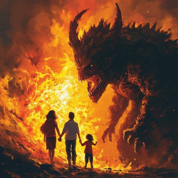 A family protected by a monster from a fireball. A family protected by a monster from a fireball.