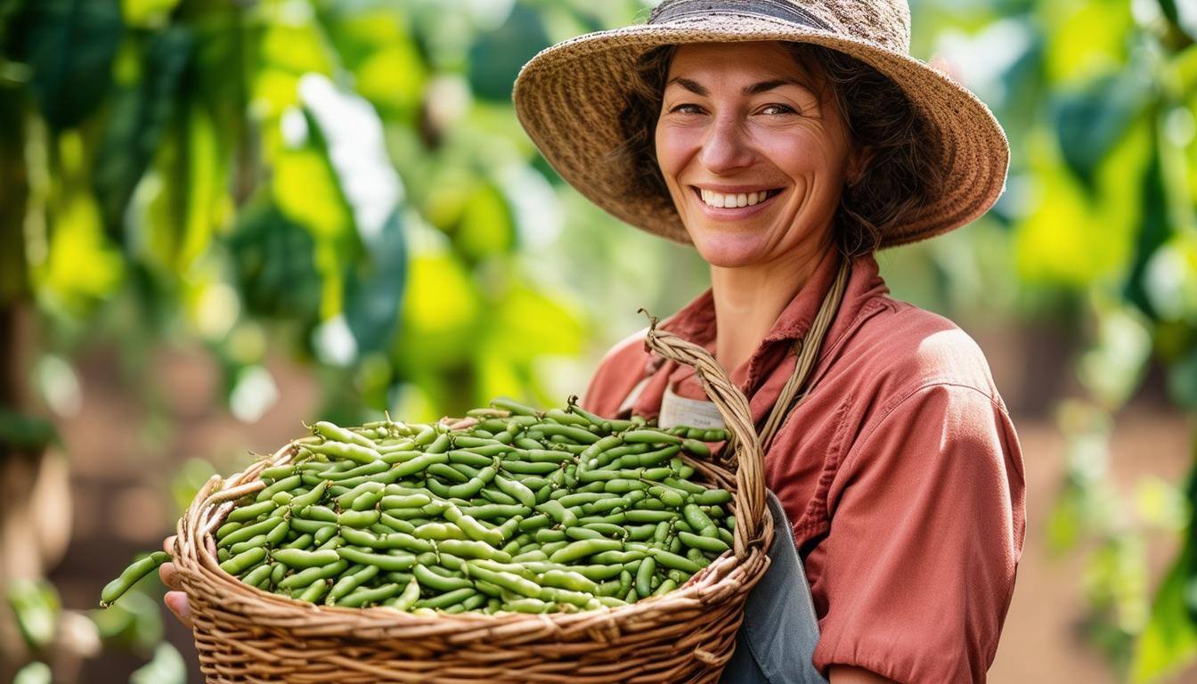 Happy customer holding a basket full of magical beans.