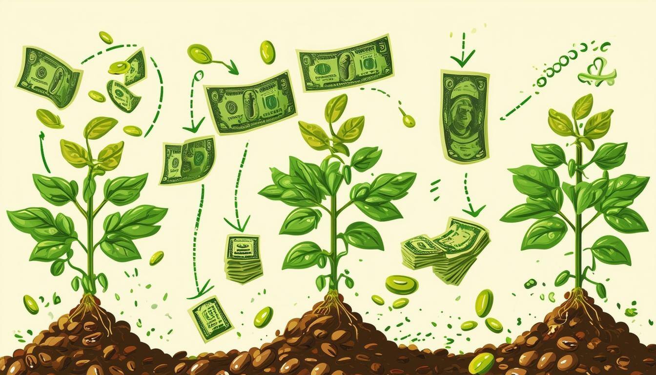 Illustration showing the process of magical beans growing and generating income.