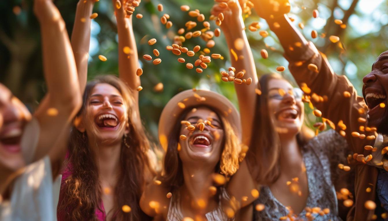 Group of people joyfully celebrating their success with magical beans.